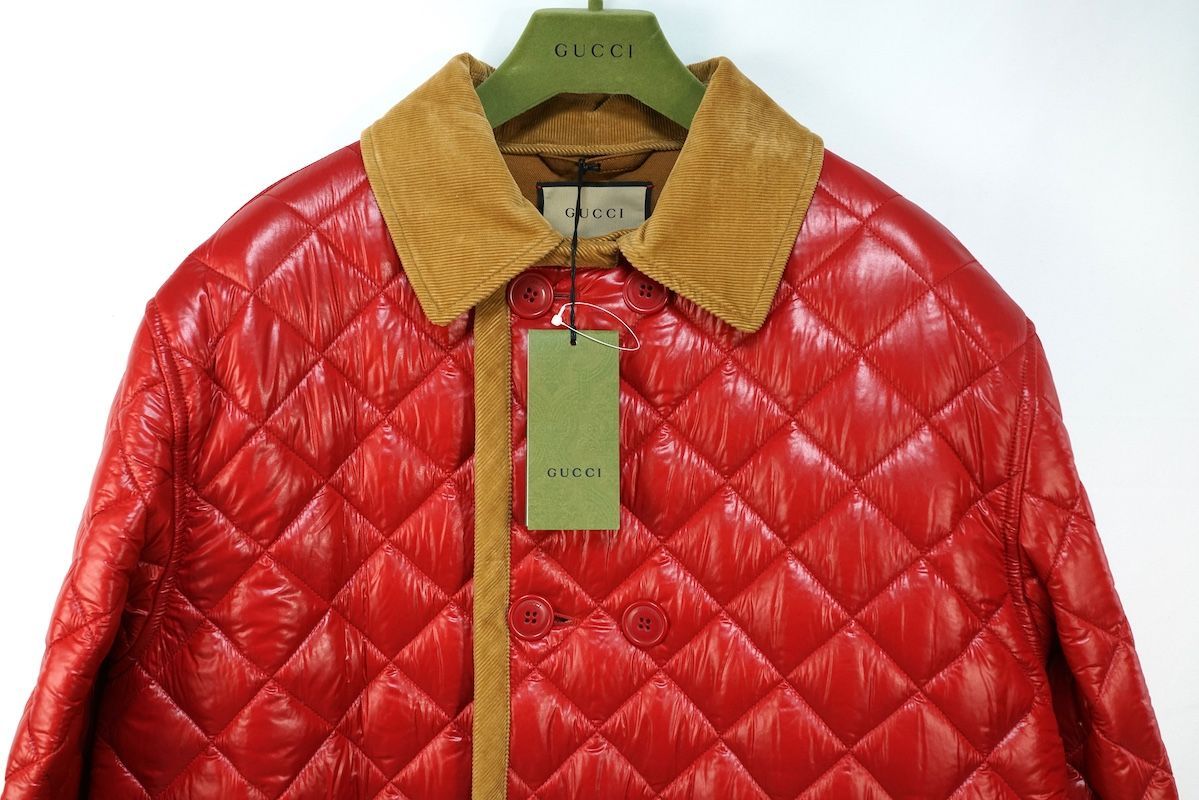GUCCI グッチ Double-Breasted Quilted Coat ダブルブレスト キルティング コート シャイニーナイロン コーデュロイ レッド ベージュ 731360 Z 8 BDN ♥