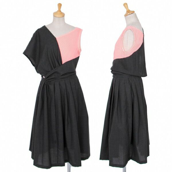 リミフゥLIMI feu ストライプ切替シャドーチェックノースリーブワンピース チャコール他S