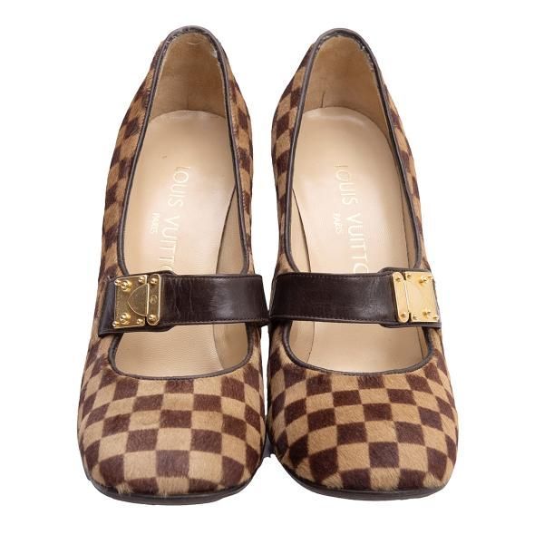 ルイヴィトンLouis Vuitton ダミエハラコヒールパンプス ベージュ茶34