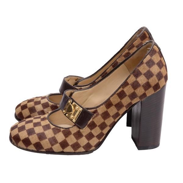 ルイヴィトンLouis Vuitton ダミエハラコヒールパンプス ベージュ茶34