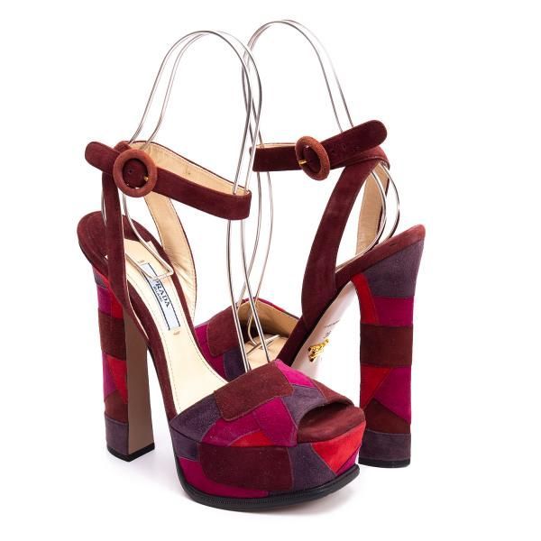 プラダPRADA スウェードパッチワークヒールサンダル 紫赤他36(23cm位