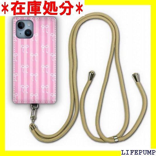 スマホショルダーケース iPhone 15 スマホケース スマホショルダー 肩掛け 首かけ 斜め掛け アイフォン15 ケース カバー ショルダーストラップ スマホカバー大澤和美 デザイン ピンク ストライプ リボン 女の子 ギャル 1277