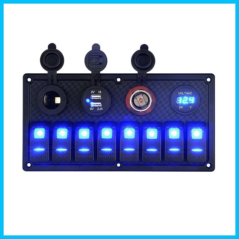 ブランクスイッチ 漁船 RV 車 ボート マリンに対応 12 Vデジタル電圧計-シガーソケット付 ロッカースイッチ 8連防水スイッチパネル ヒューズ式 BlueFire