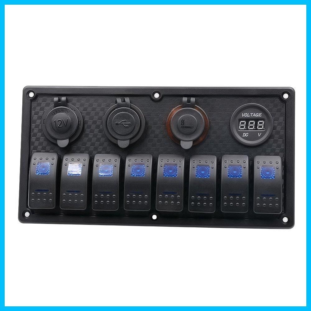 ブランクスイッチ 漁船|RV|車|ボート|マリンに対応 12 Vデジタル電圧計-シガーソケット付 ロッカースイッチ 8連防水スイッチパネル ヒューズ式 BlueFire