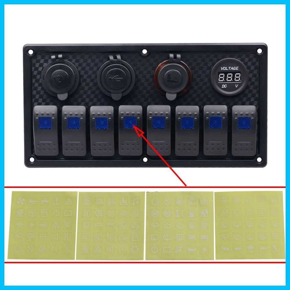  ブランクスイッチ 漁船 RV 車 ボート マリンに対応 12 Vデジタル電圧計 シガーソケット付 ロッカースイッチ 8連防水スイッチパネル ヒューズ式 BlueFire その他 文房具 事務用品