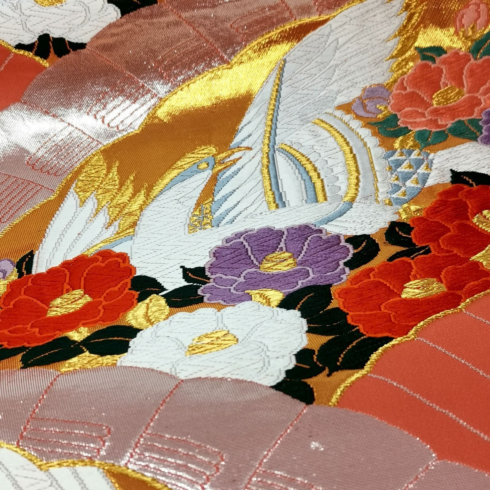 超豪華日本刺繍☆塩瀬の名古屋帯 サーモンピンク薄オレンジ系 超豪華日本刺繍☆塩瀬の名古屋帯 サーモンピンク薄オレンジ系 訪問着