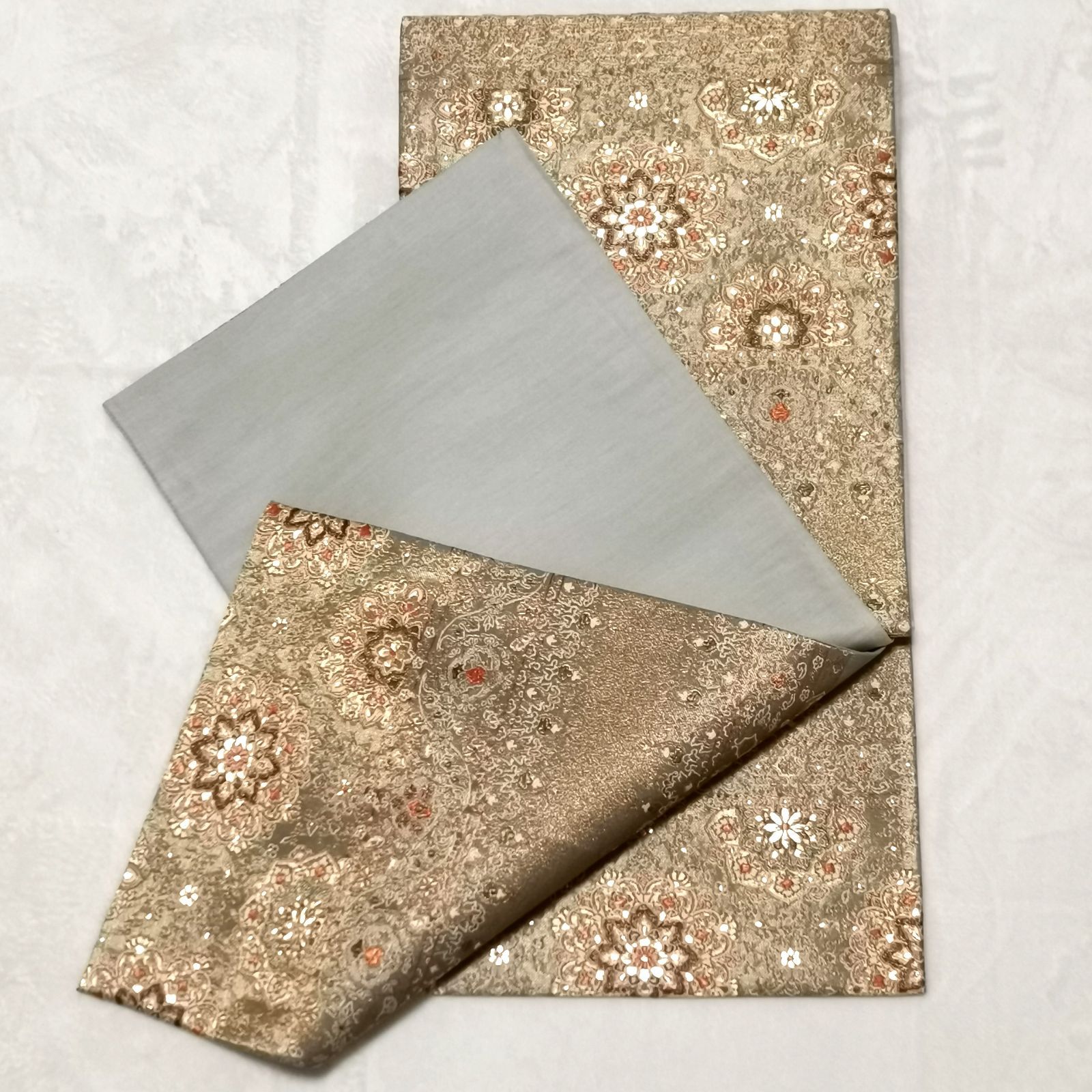 帯 袋帯 グレー系 刺繍 花 上品 昭和レトロ 管理番号