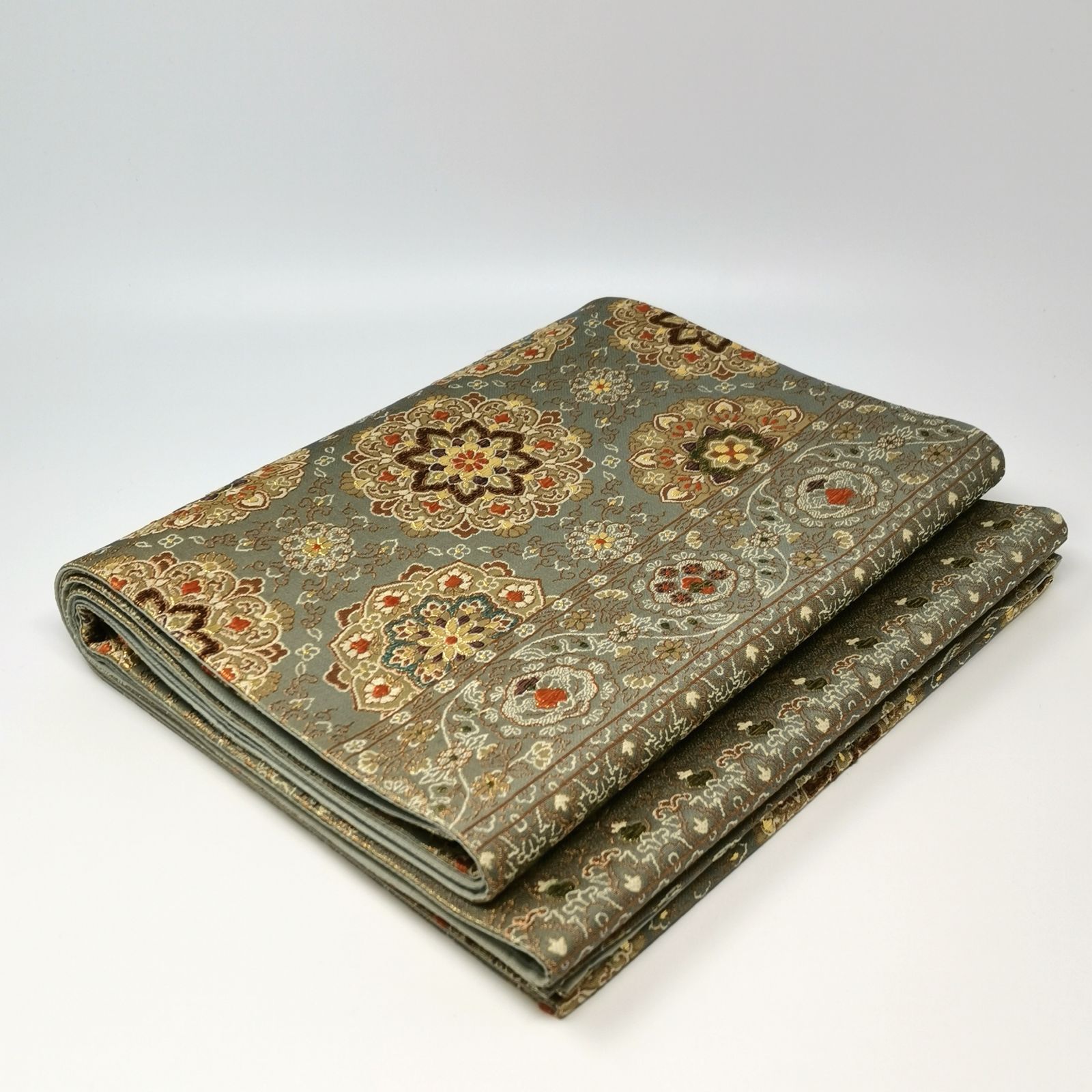  帯 袋帯 グレー系 刺繍 花 上品 昭和レトロ 管理番号 袋帯 帯