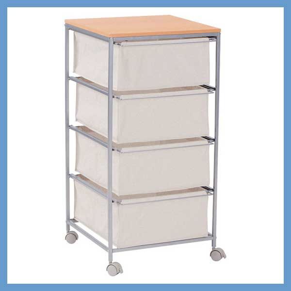 キャンバス生地のチェスト４段 天板付き W 43×D 44×H 84 cm No.278 リビング サニタリー キャスター付き グレーフレーム