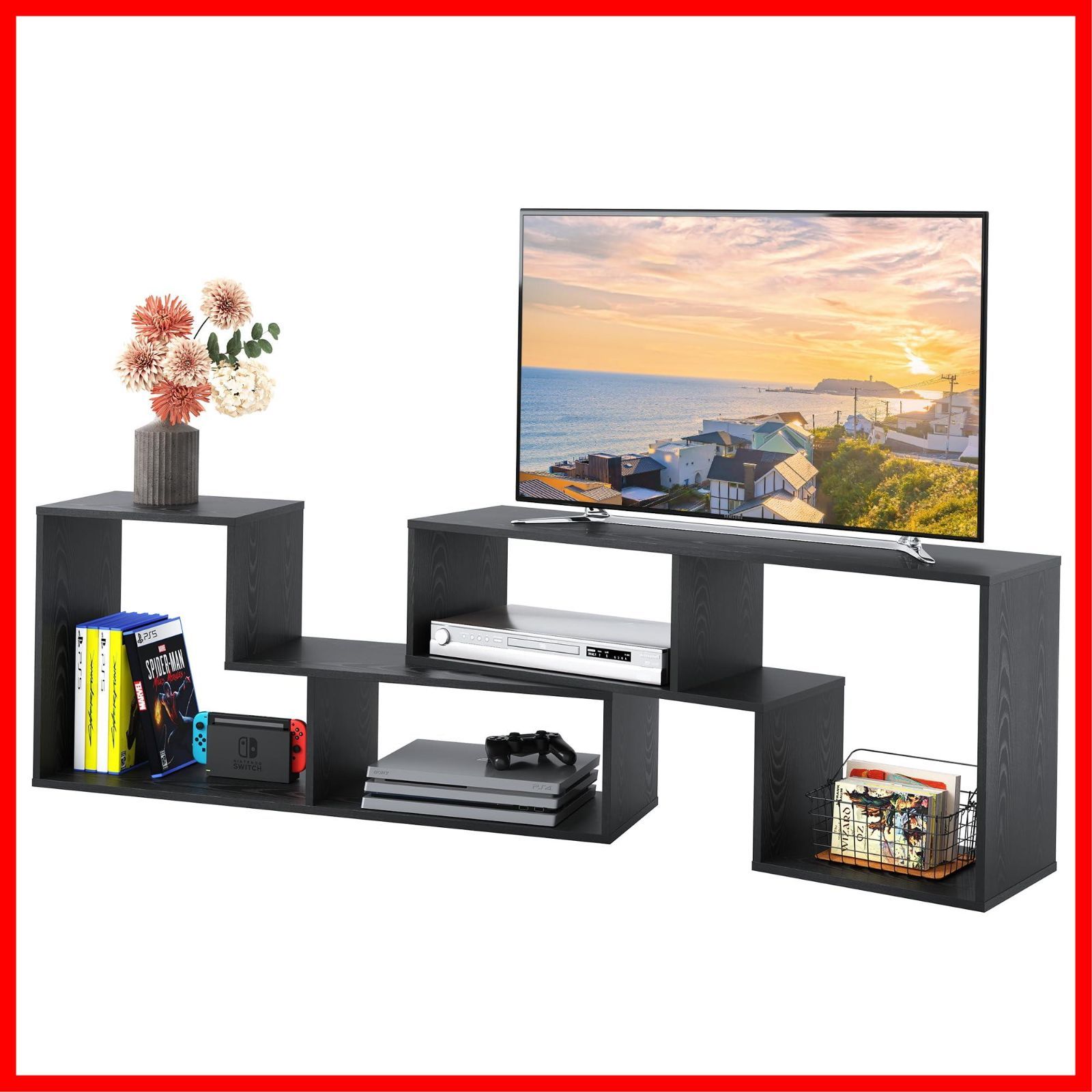 ローボード 伸縮 テレビボード 幅105～210 cm 60インチまで対応 テレビラック コーナー 収納ラック テレビ台 2点セット 簡単組立 DEVAISE ブラック