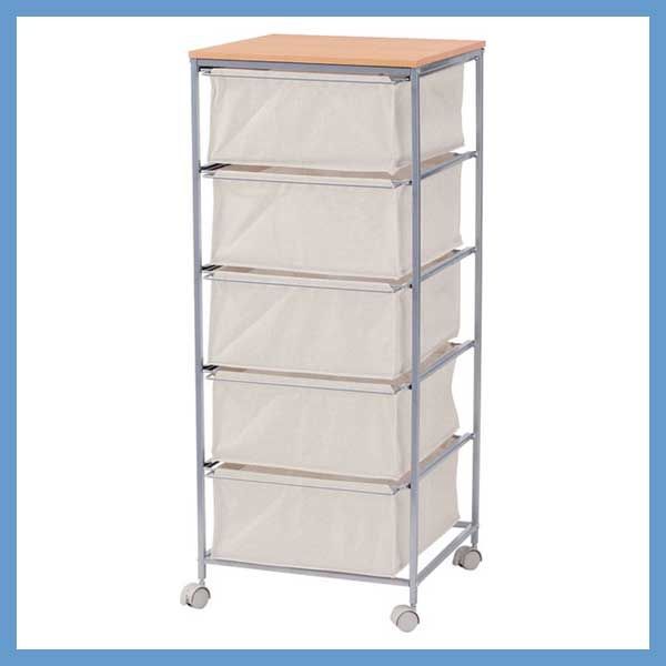 キャンバス生地のチェスト５段 天板付き W 43×D 44×H 101.5 cm No.279 リビング サニタリー キャスター付き グレーフレーム