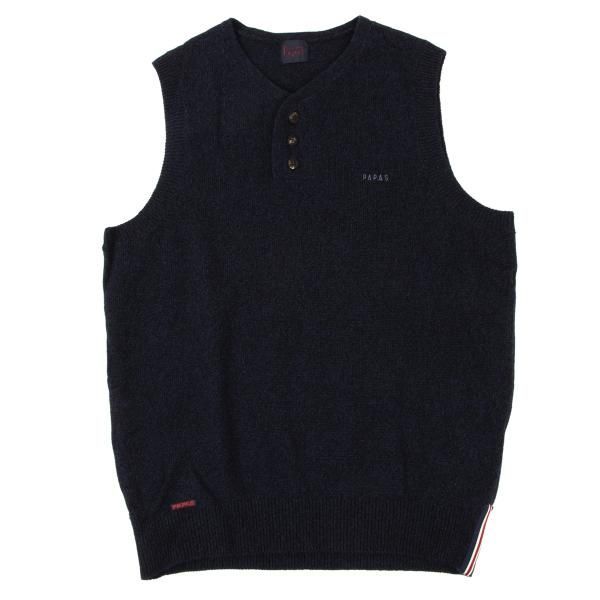 パパスPapas カシミヤ混ウールヘンリーネックニットベスト 紺黒S