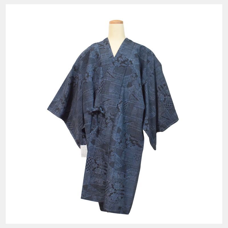 巾着付き】お仕立て上がり 大島紬調 ロング 道中着 No.001（濃紺