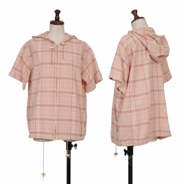 ピンクハウスPINK HOUSE チェックジップアップフード半袖シャツ ピンク