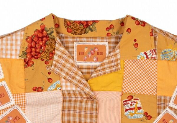 PINK HOUSEのオレンジチェック半袖トップス ピンクハウスPINK HOUSE ジャムプリントチェック切替半袖開襟シャツ