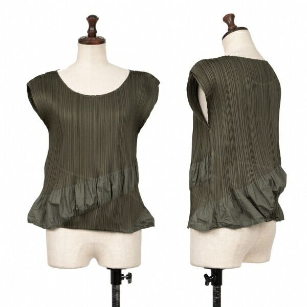 PLEATS PLEASE カーキ ノースリーブ トップス プリーツプリーズPLEATS PLEASE 切替プリーツノースリーブ カーキ3