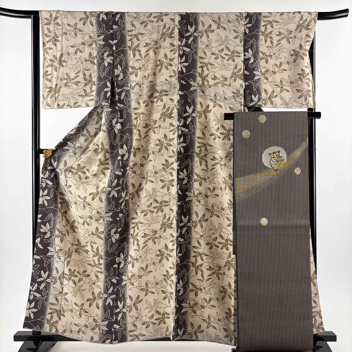 美品】 小紋 身丈161cm 裄丈65cm M 袷 袋帯セット 葉と実 縦ぼかし 美品】 小紋 身丈161cm 裄丈65cm M 袷 袋帯セット 葉と実 縦ぼかし