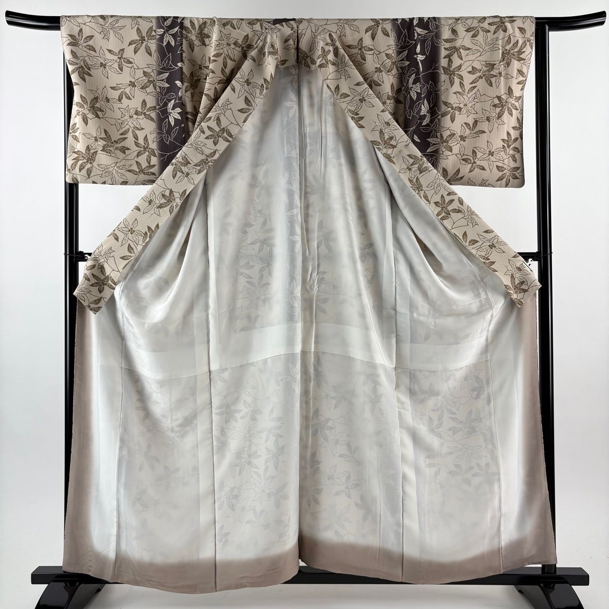  小紋 身丈161 cm 裄丈65 M 袷 袋帯セット 葉と実 縦ぼかし 金彩 薄茶色 正絹 小紋 着物