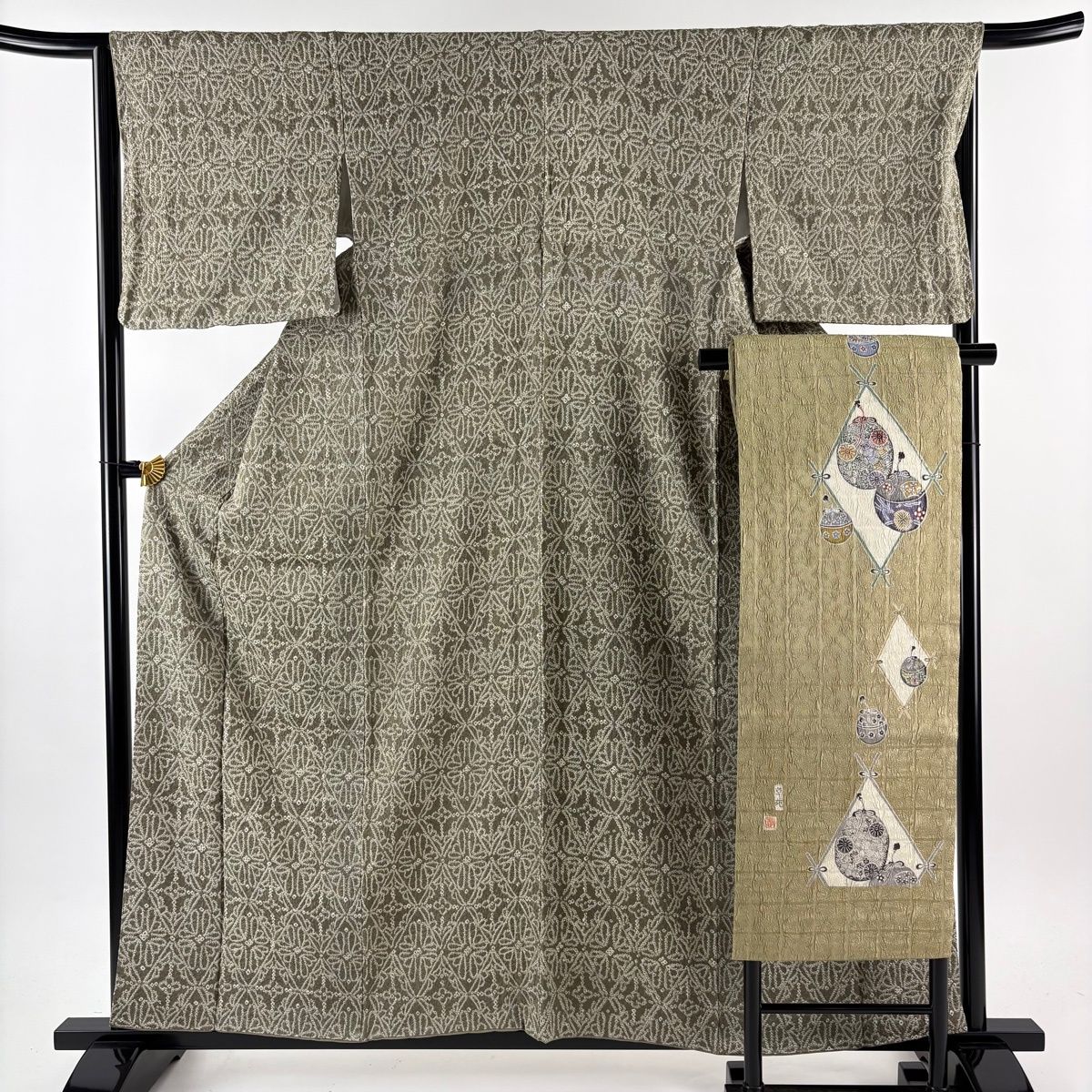 小紋 身丈160 cm 裄丈65.5 M 袷 名古屋帯セット 花 菱 絞り 灰緑 正絹 秀品