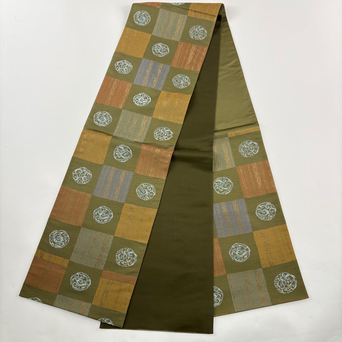  小紋 身丈159.5 cm 裄丈65 M 袷 袋帯セット 紬地 幾何学模様 茶緑色 正絹 秀品 小紋 着物