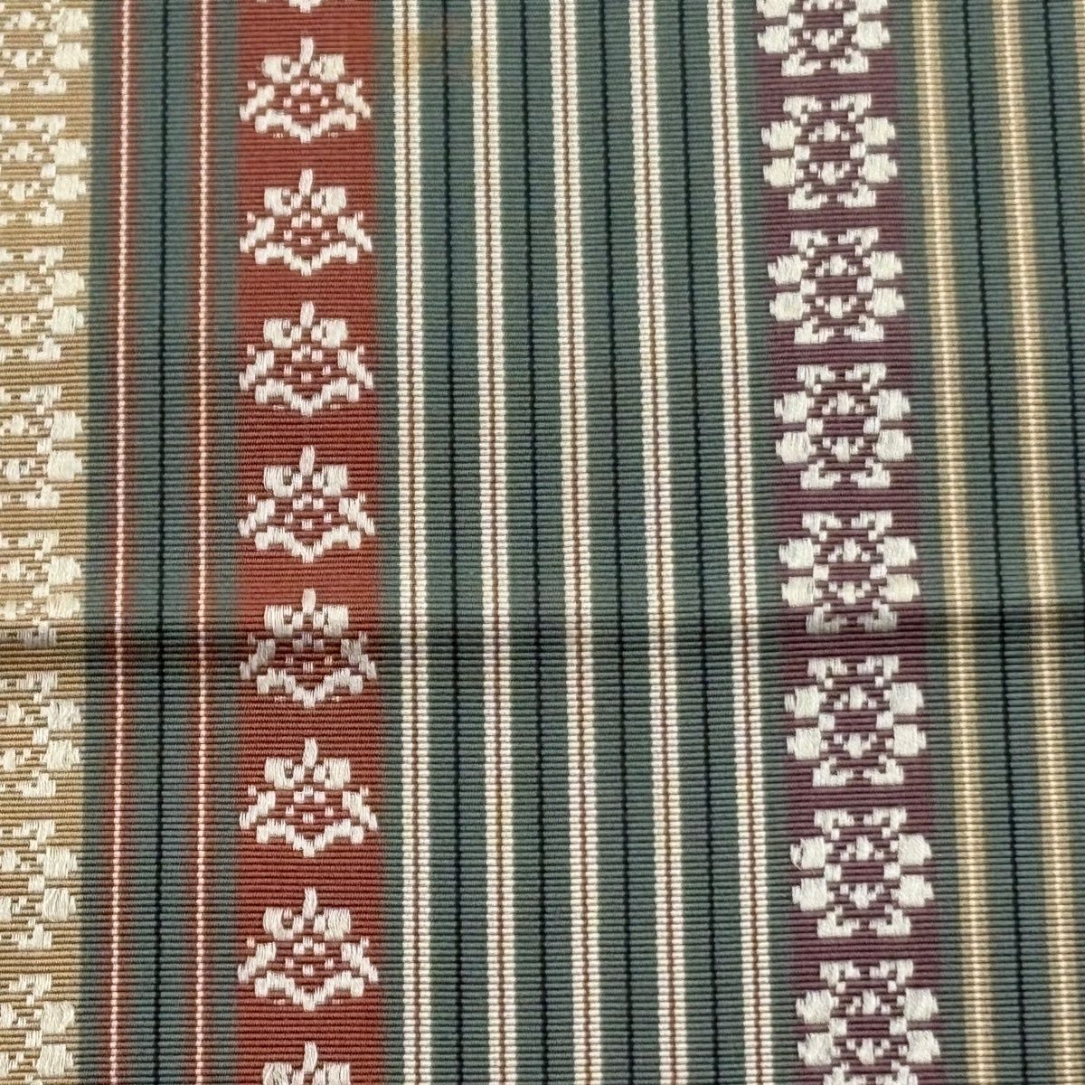 半幅帯 優品 博多織 証紙 縞 花 よもぎ色 正絹