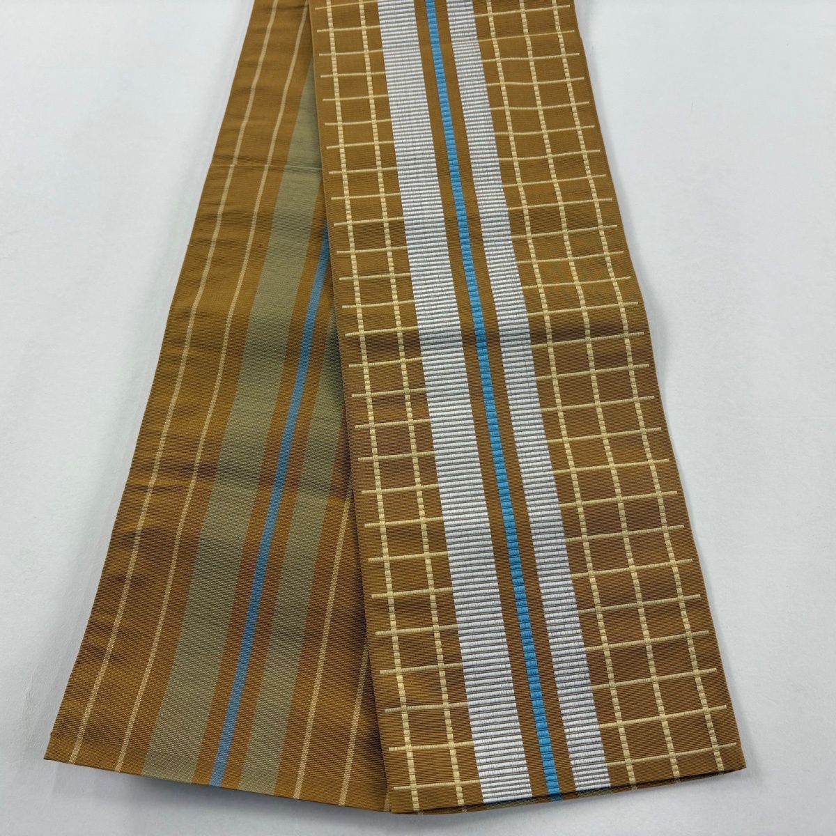 半幅帯 優品 博多織 証紙 格子 縞 山吹茶色 正絹