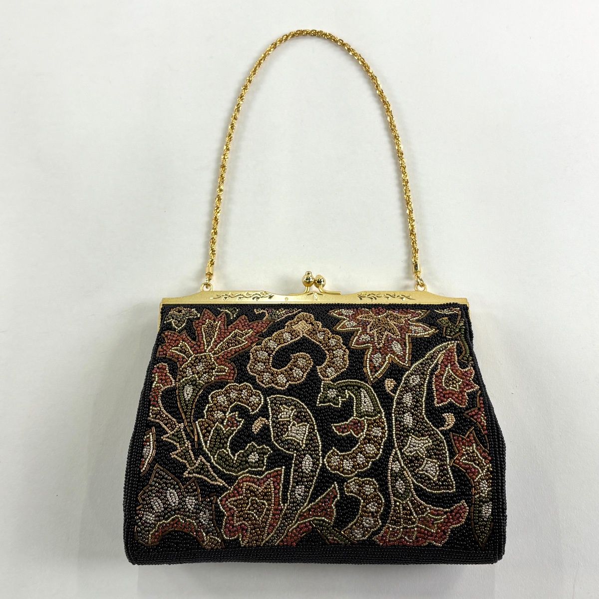 美品】 和装バッグ 優品 ビーズバッグ フォーマル 草花 黒 ビーズ 和装