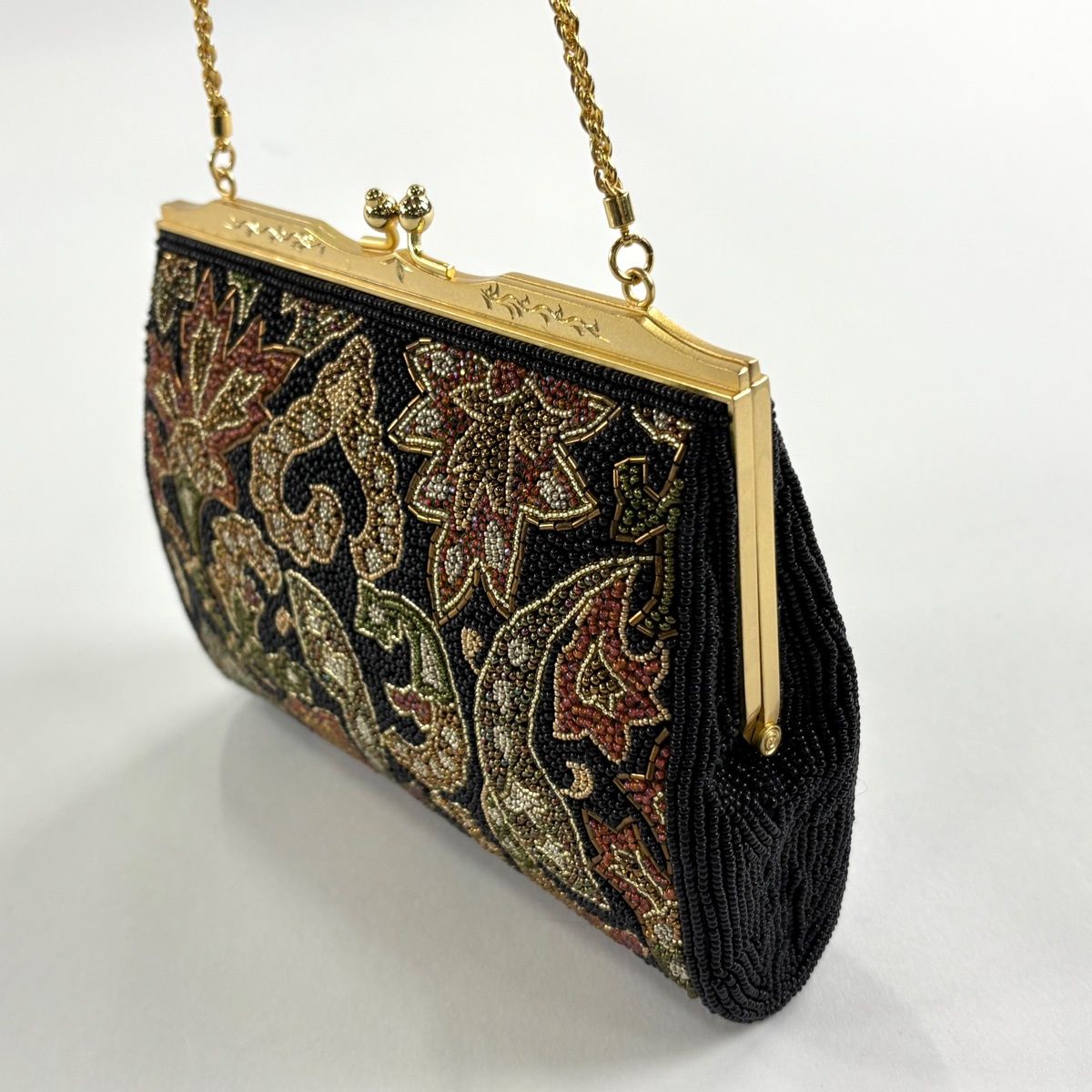 美品】 和装バッグ 優品 ビーズバッグ フォーマル 草花 黒 ビーズ 和装