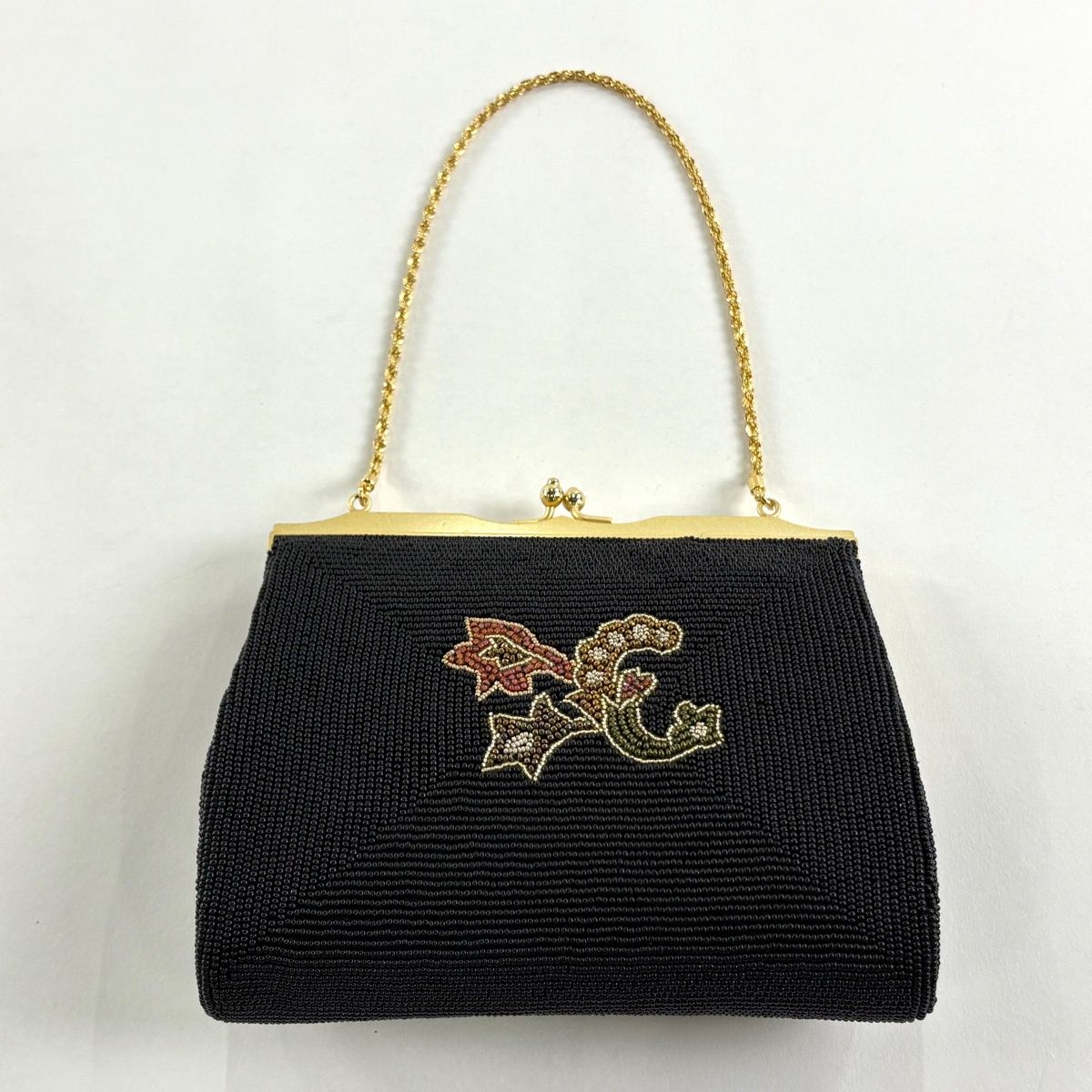 美品】 和装バッグ 優品 ビーズバッグ フォーマル 草花 黒 ビーズ 和装