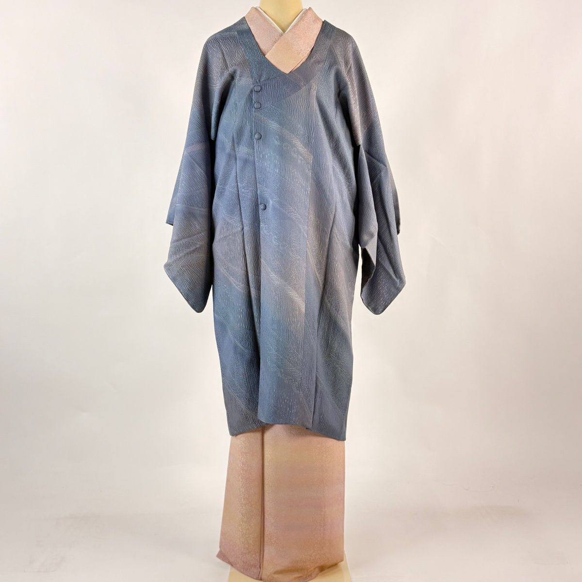 道行 身丈102 cm 裄丈64 M 和装コート 千代田衿 地紋 ぼかし 青灰色 正絹 秀品