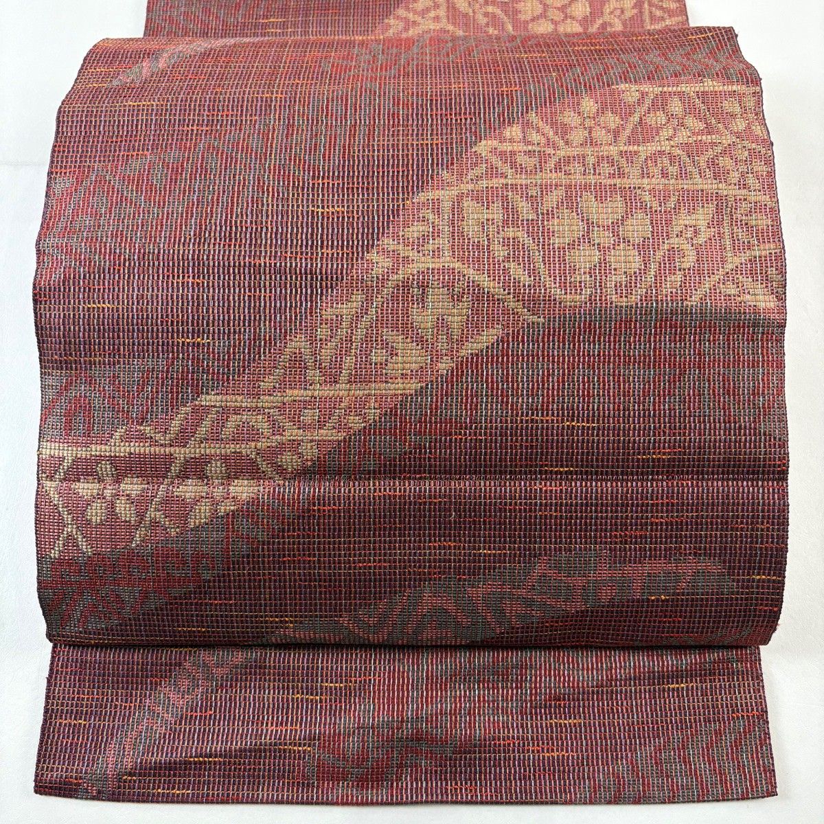 名古屋帯 優品 八寸名古屋帯 松葉仕立て トンネル仕立て 花 幾何学模様