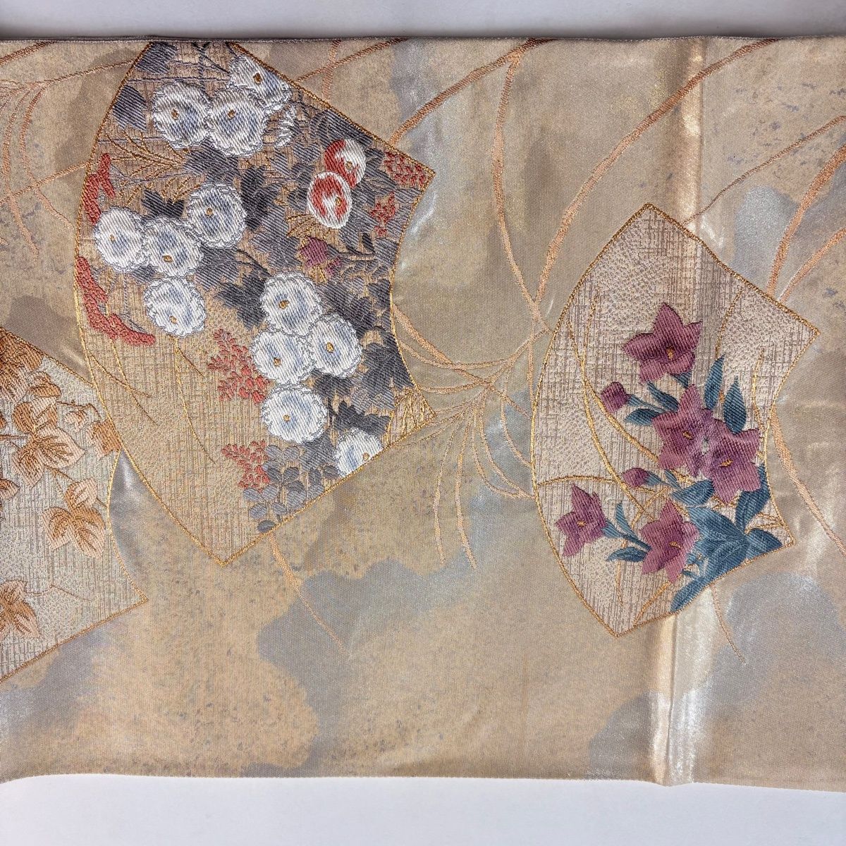 美品】 袋帯 名品 じゅらく 落款 扇面 霞 金糸 箔 ディスカウント