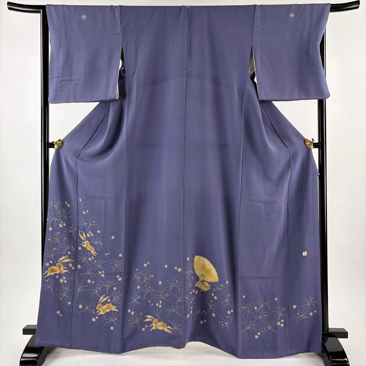 色留袖 身丈165 cm 裄丈67 M 袷 久呂田明攻 東京友禅 落款 うさぎ すすき 縮緬 青紫 正絹 三つ紋