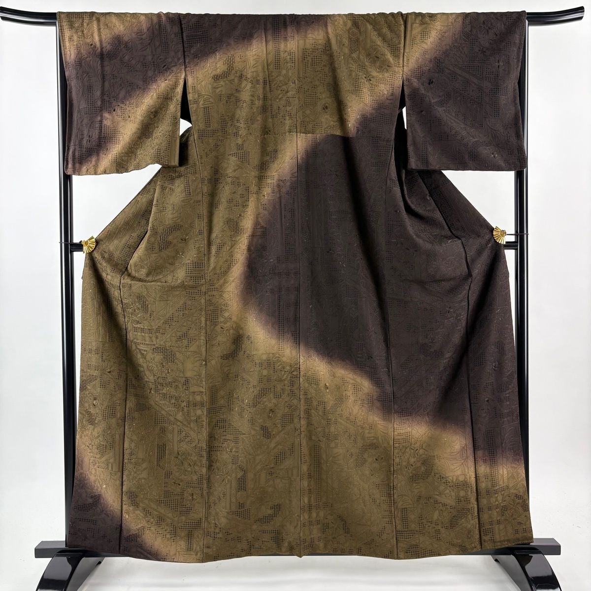 訪問着 身丈162 cm 裄丈67 M 袷 雪輪 草花 刺繍 染め分け 茶緑色 正絹
