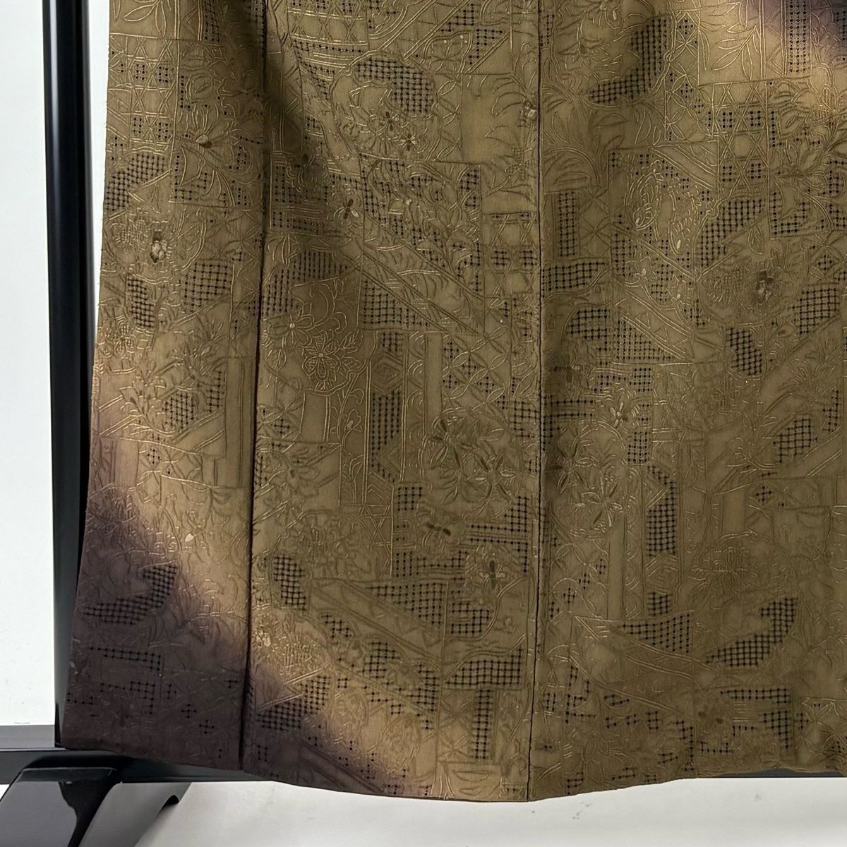 訪問着 身丈162 cm 裄丈67 M 袷 雪輪 草花 刺繍 染め分け 茶緑色 正絹