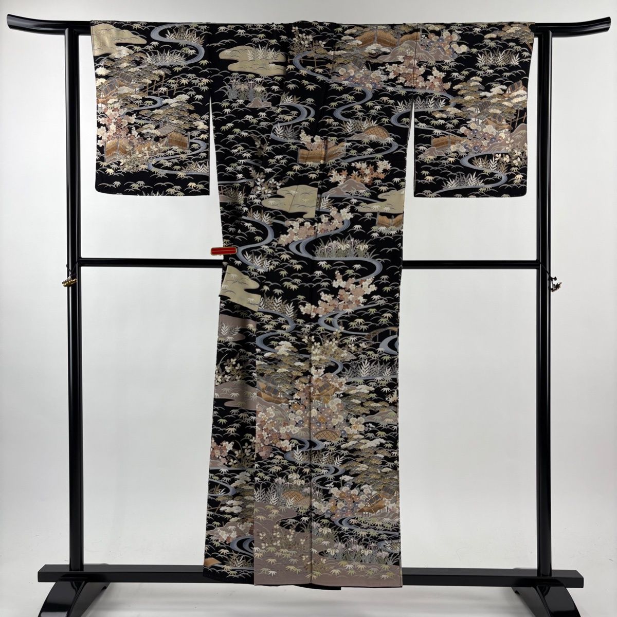  訪問着 身丈155 cm 裄丈63 5 S 袷 松竹梅 家屋 金糸 金彩 黒 正絹 訪問着 付け下げ 着物