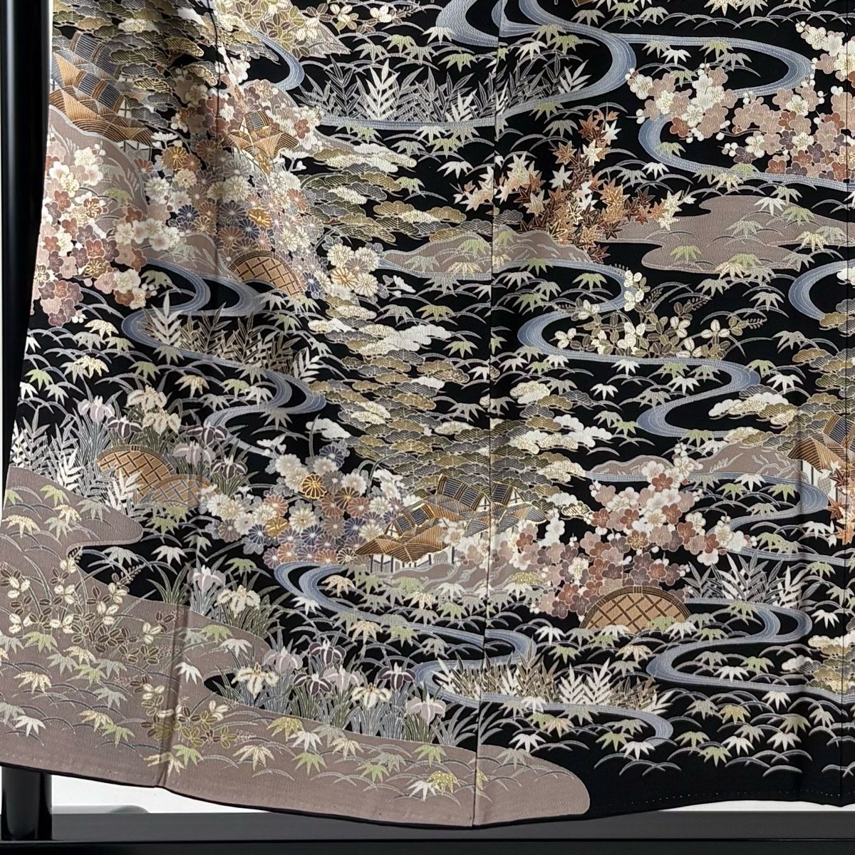 訪問着 身丈155 cm 裄丈63.5 S 袷 松竹梅 家屋 金糸 金彩 黒 正絹