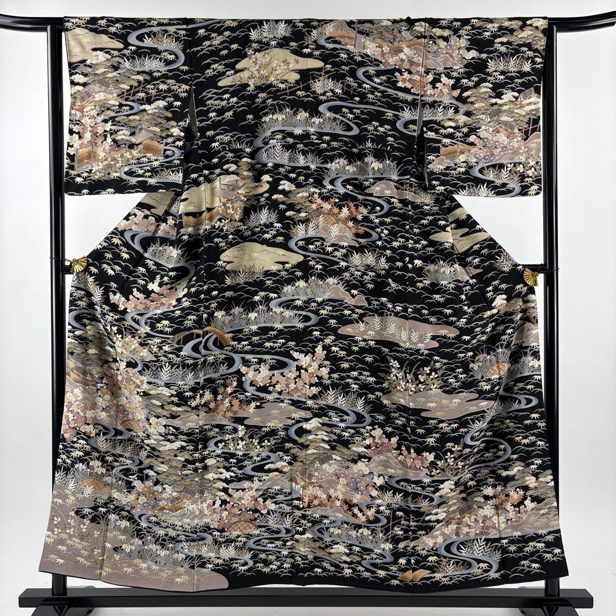 訪問着 身丈155 cm 裄丈63.5 S 袷 松竹梅 家屋 金糸 金彩 黒 正絹