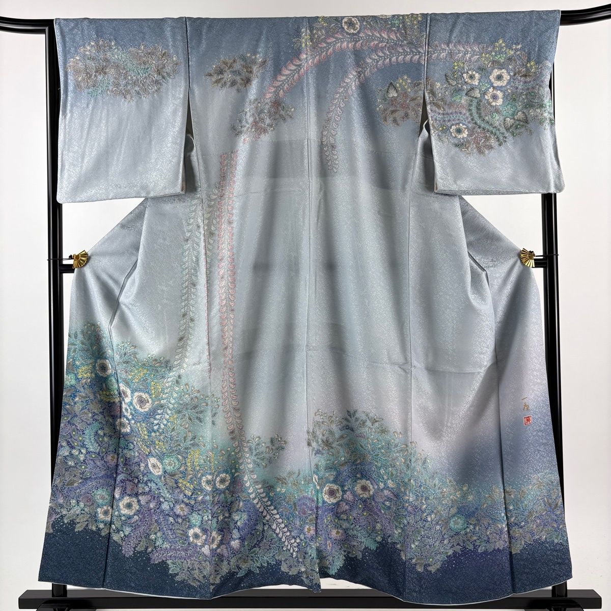 訪問着 身丈156.5 cm 裄丈67.5 L 袷 吉乃一廉 落款 辻が花 銀通し 染め分け 青灰色 正絹