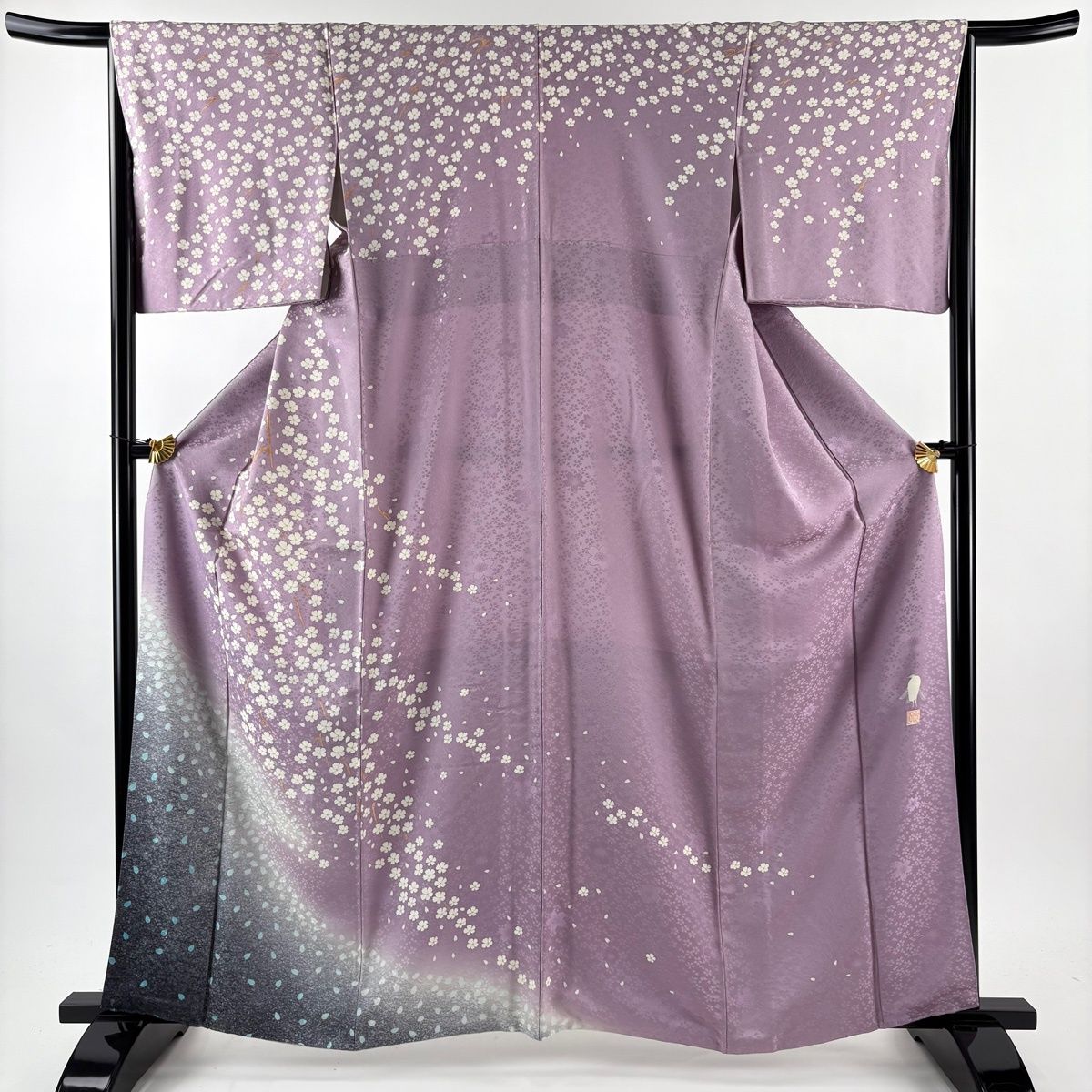 訪問着 身丈164cm 裄丈66.5cm M 袷 菅有鬼一 落款 枝花 花びら 金彩