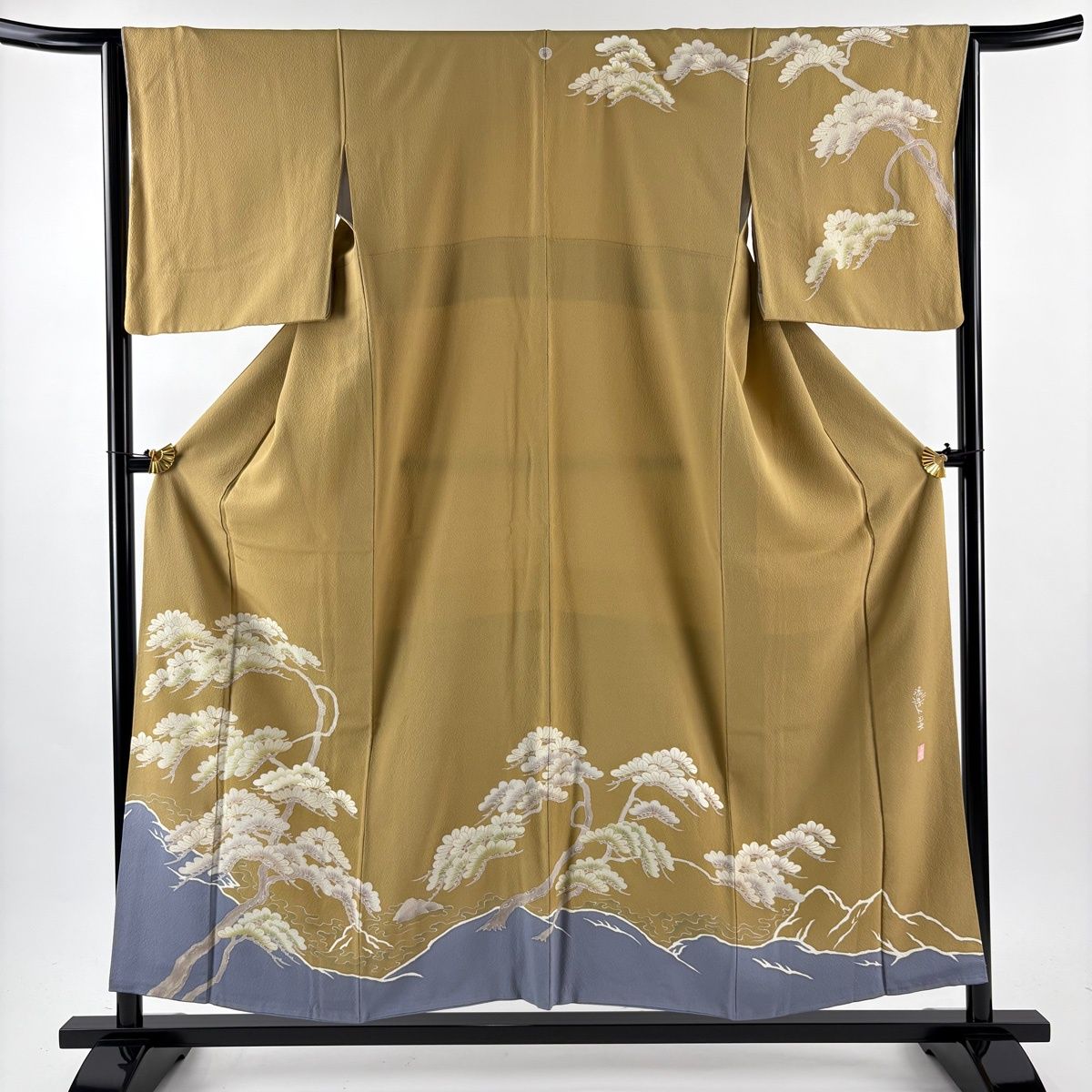 訪問着 身丈156 5 cm 裄丈65 M 袷 洛楽人 落款 松 波 金彩 黄土色 正絹 一つ紋