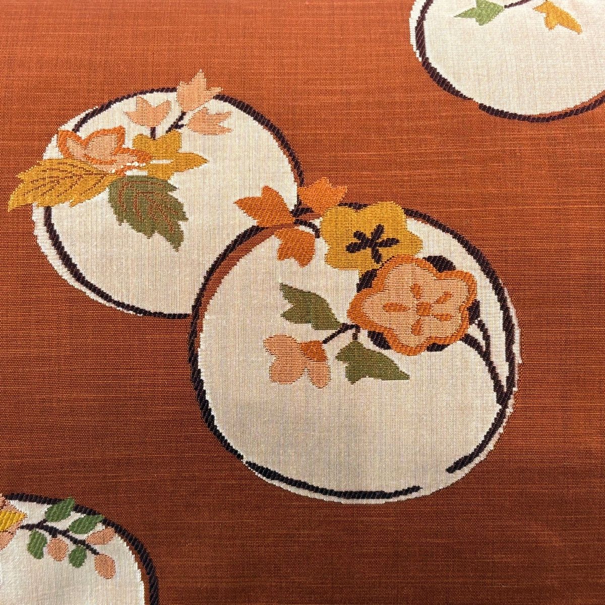 名古屋帯 秀品 紬地 関西仕立て 丸文 枝花 刺繍 赤茶 正絹