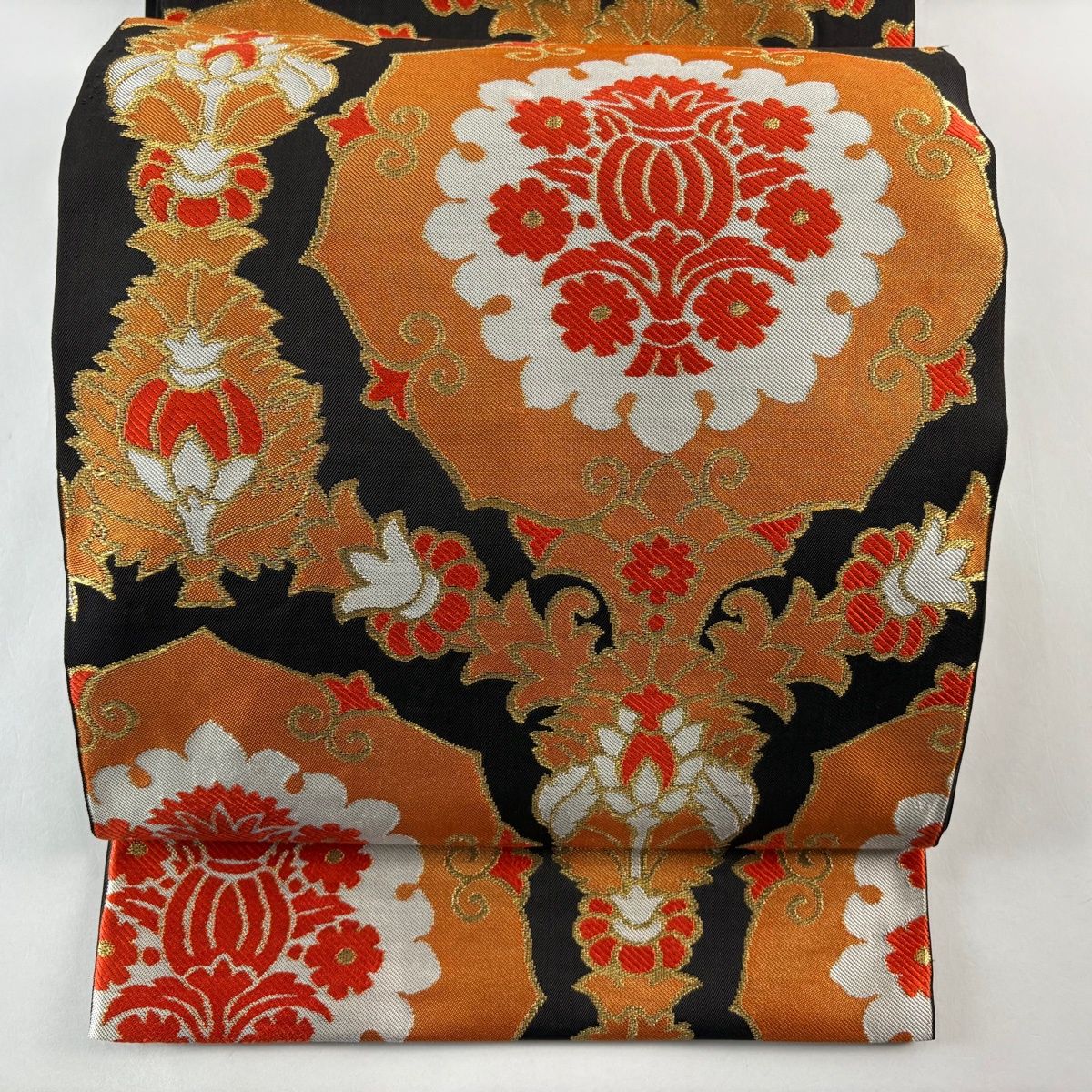 袋帯 秀品 川島織物 落款 華文 草花 金糸 刺繍 墨色 六通 正絹 【中古