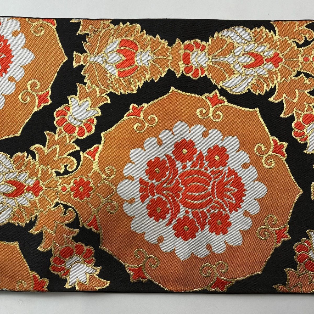 袋帯 秀品 川島織物 落款 華文 草花 金糸 刺繍 墨色 六通 正絹 【中古