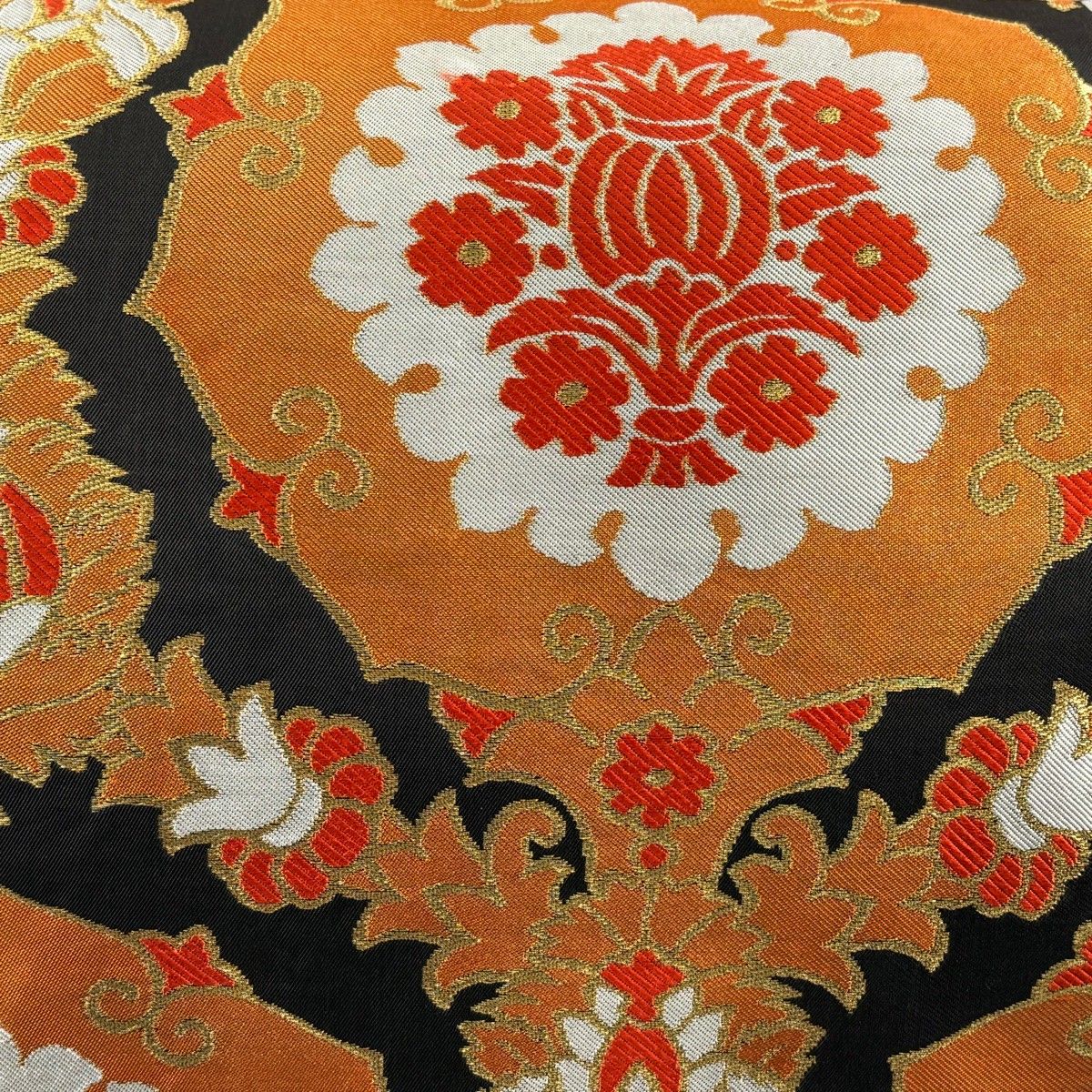 袋帯 秀品 川島織物 落款 華文 草花 金糸 刺繍 墨色 六通 正絹 【中古