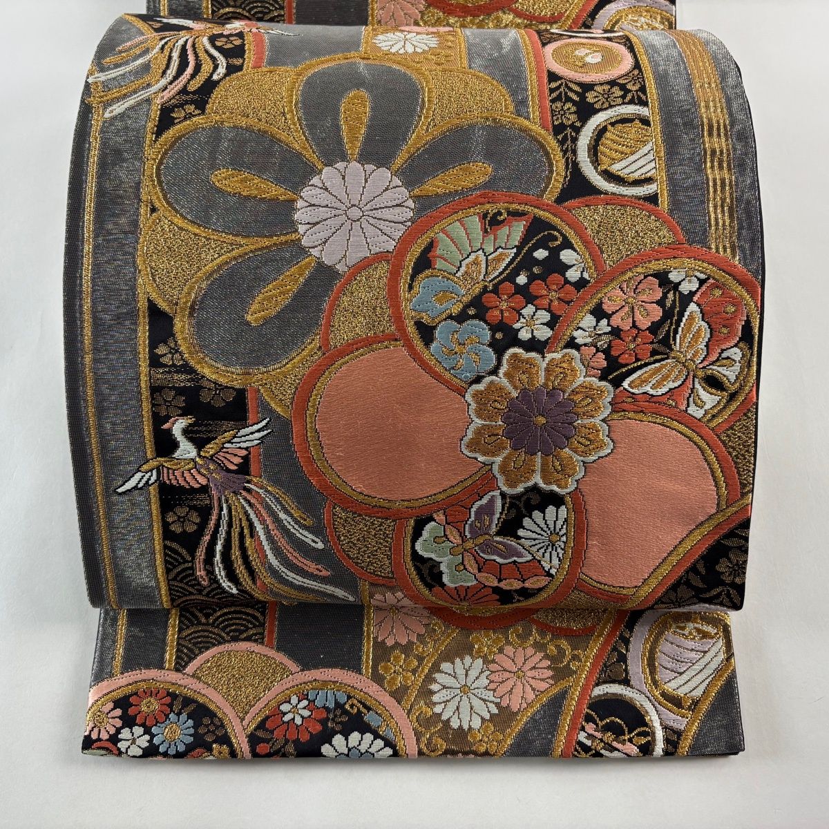 袋帯 秀品 花鳥 蝶 金銀糸 刺繍 銀色 六通 正絹 【中古】 - メルカリ