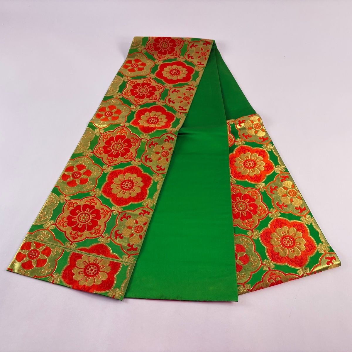 袋帯 秀品 川島織物 落款 華文 金糸 刺繍 黄緑色 六通 正絹 【中古