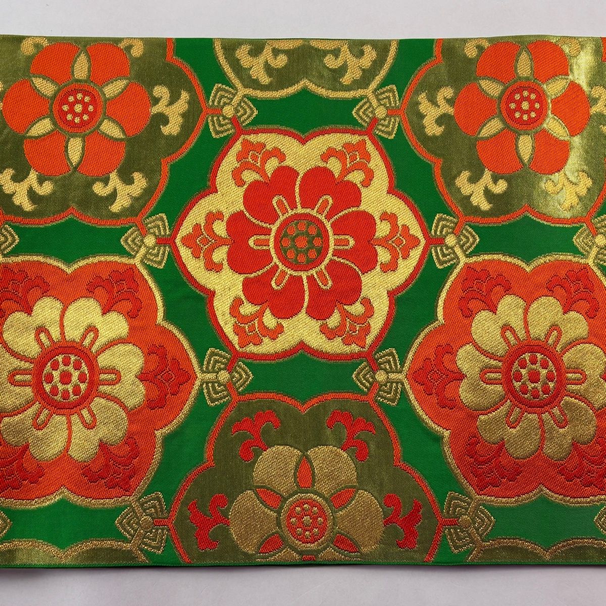 袋帯 秀品 川島織物 落款 華文 金糸 刺繍 黄緑色 六通 正絹 【中古