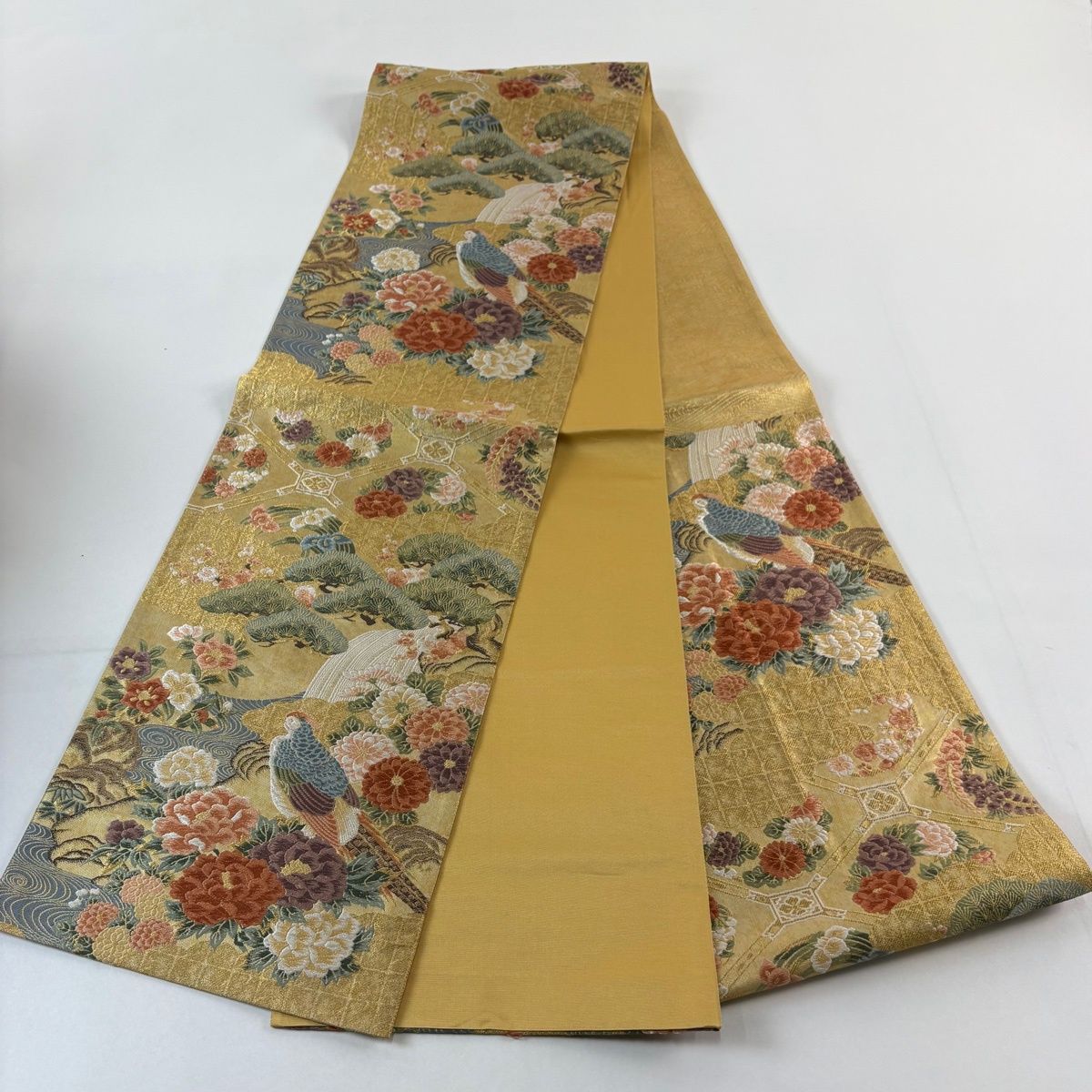 美品】 袋帯 秀品 花鳥 松竹梅 唐織 箔 金色 六通 正絹 【中古
