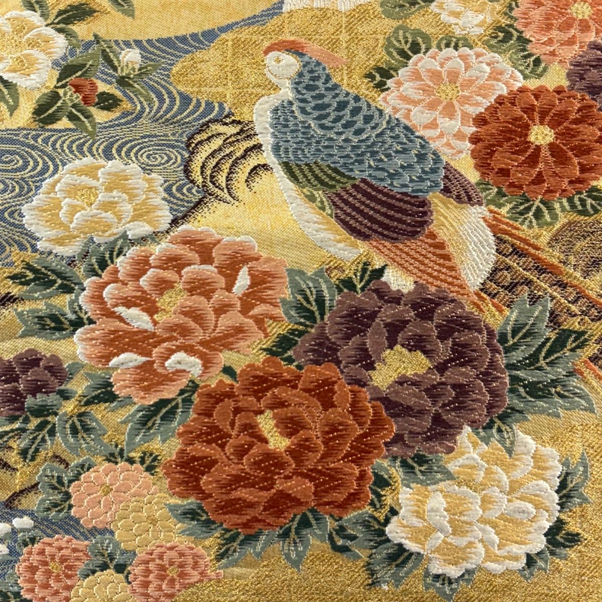 美品】 袋帯 秀品 花鳥 松竹梅 唐織 箔 金色 六通 正絹 【中古